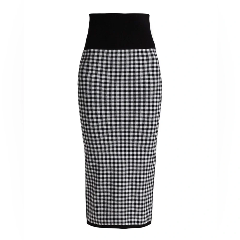 Michael Kors Collection Gingham Knit Pencil Midi Skirt Italian Yarn Black White